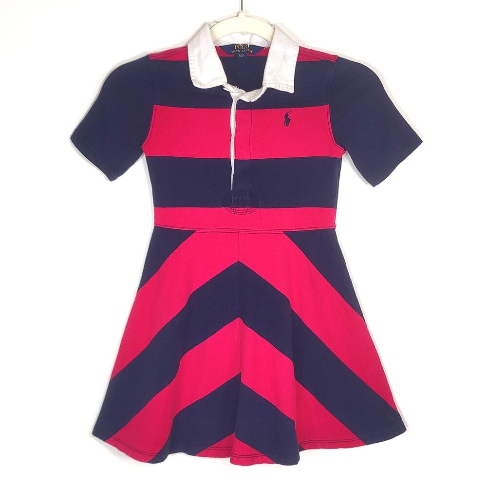 Polo‎ Ralph Lauren Rugby Dress Striped Pink Navy Girls S 7 Preppy